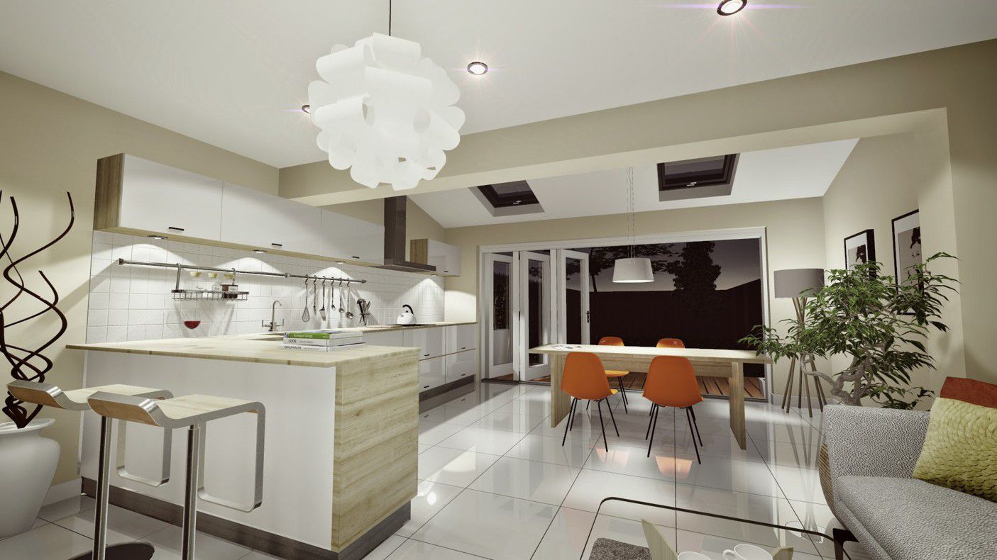 home remodeling kitchen extension bi fold doors 3d model render interior visualisation inside